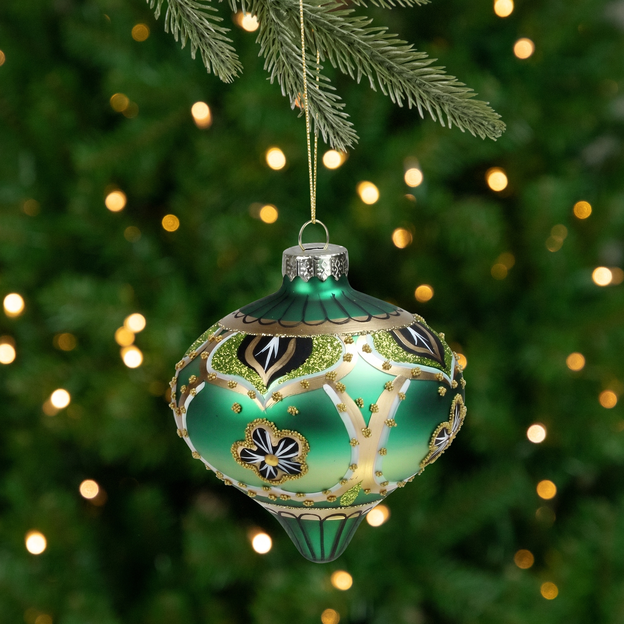4.5" Green Gold Black Floral Bead Jewel Glass Onion Christmas Ornament