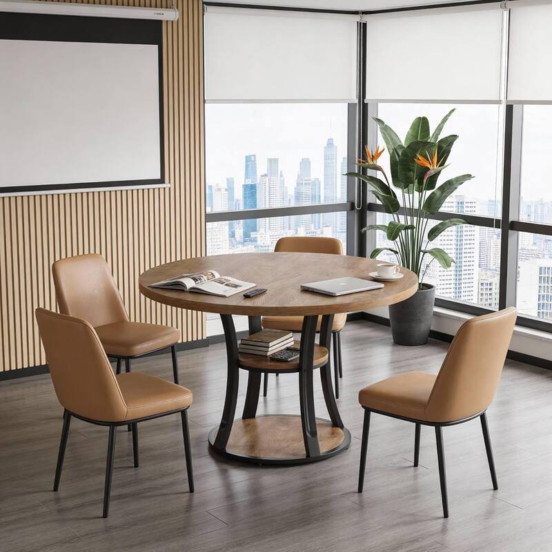 39.37 Inch Round Conference Table with 2-Tier Storage Shelf and Metal Base for 4 People - 39.37" D x 39.37" W x 29.53" H