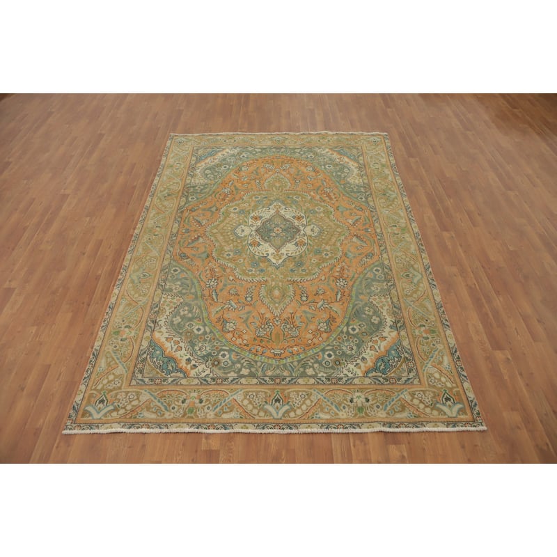 Hand Knotted Oriental 100% Wool Carpet Traditional Floral Oranges & Rust Tabriz Area Rug - 9' 4'' X 6' 5''