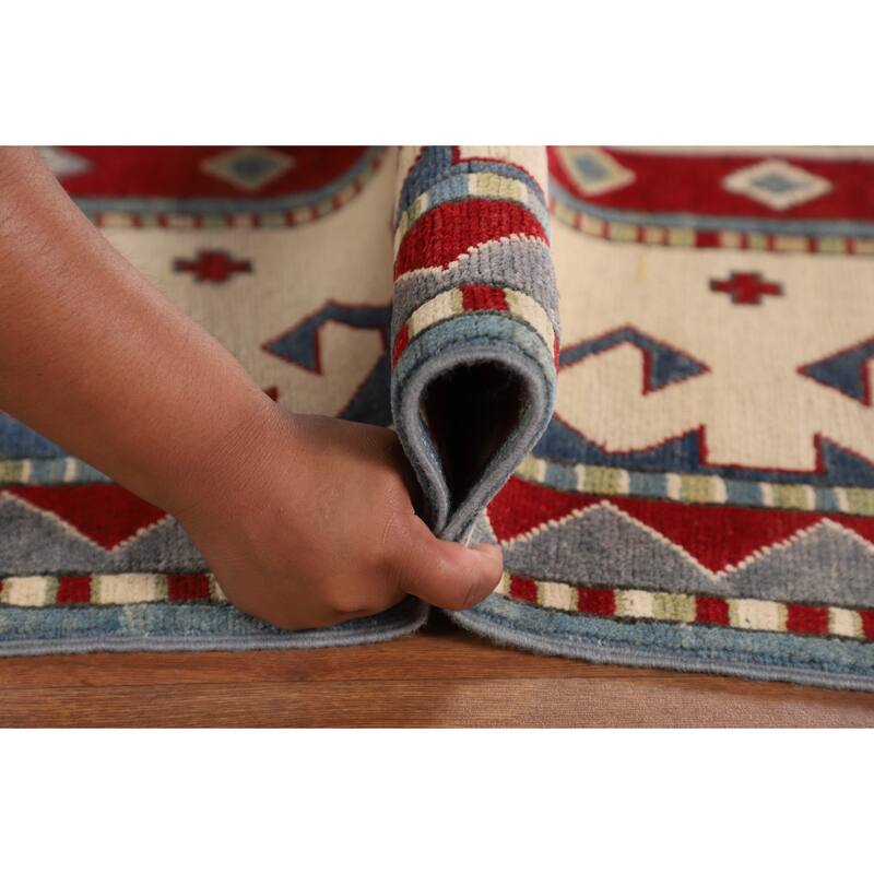 Light Blue Geometric Kazak Area Rug Living Room Handmade Wool Carpet - 6'4" x 9'10"