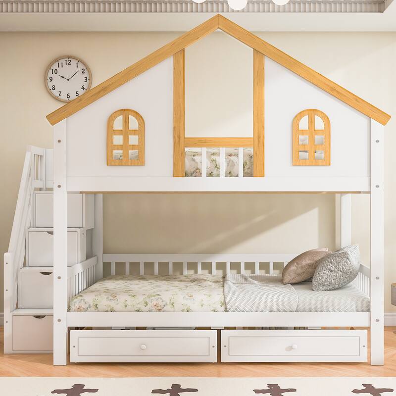 Roomfitters Twin Over Twin/Full Over Full House Bunk Bed with Window, Roof and Storage Staircase, White and Natural
