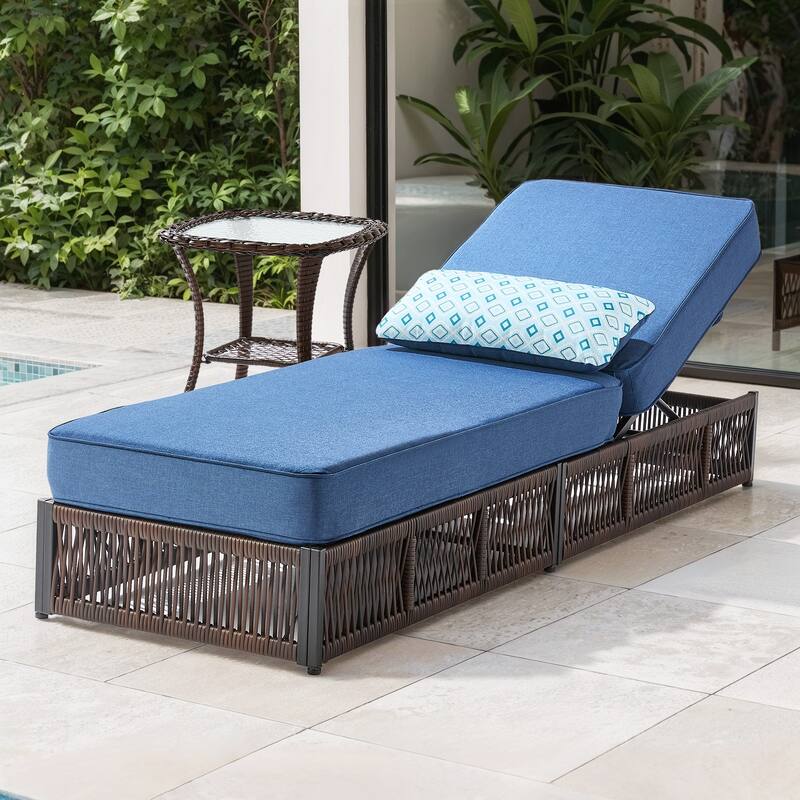 Pocassy Patio Chaise Lounge Chair with Adjustable Backrest - Brown Wicker Blue Cushion