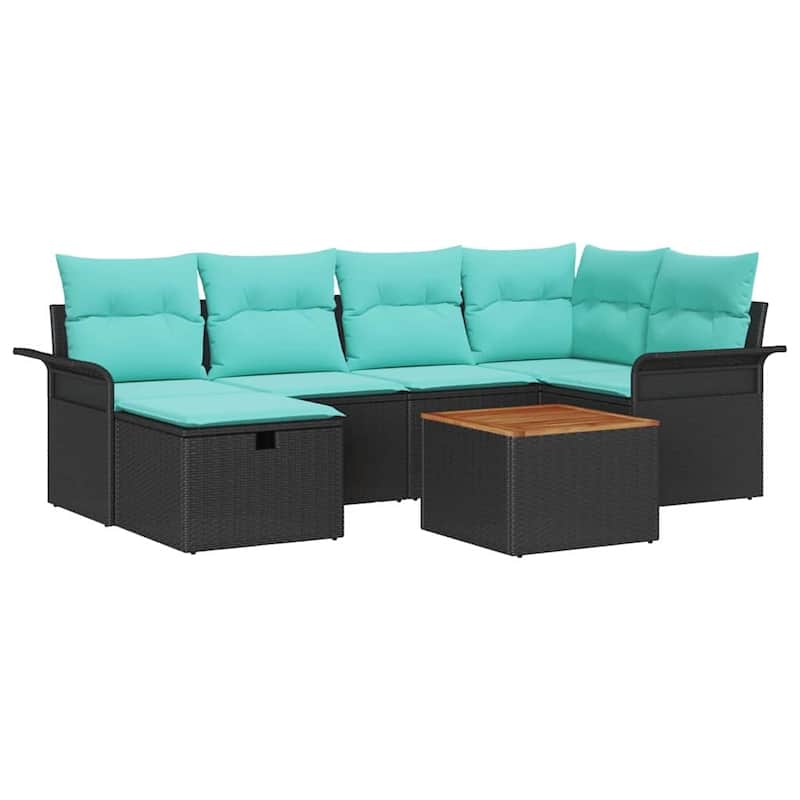 vidaXL 7 Garden Sofa Set with Cushions Black/Grey Poly Rattan - 95.5 x 52.2 x 27.2