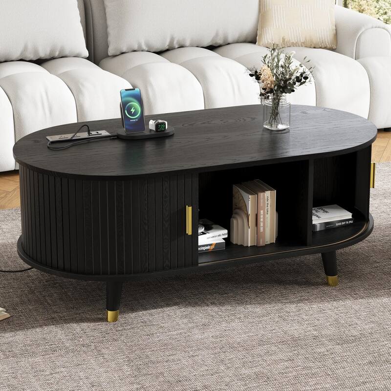 42.5" Wood Oval Coffee Table with Charging Station, Mid-Century Center Table with Sliding Tambour Door, Farmhouse Cocktail Table - Black