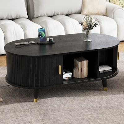 42.5" Wood Oval Coffee Table with Charging Station, Mid-Century Center Table with Sliding Tambour Door, Farmhouse Cocktail Table
