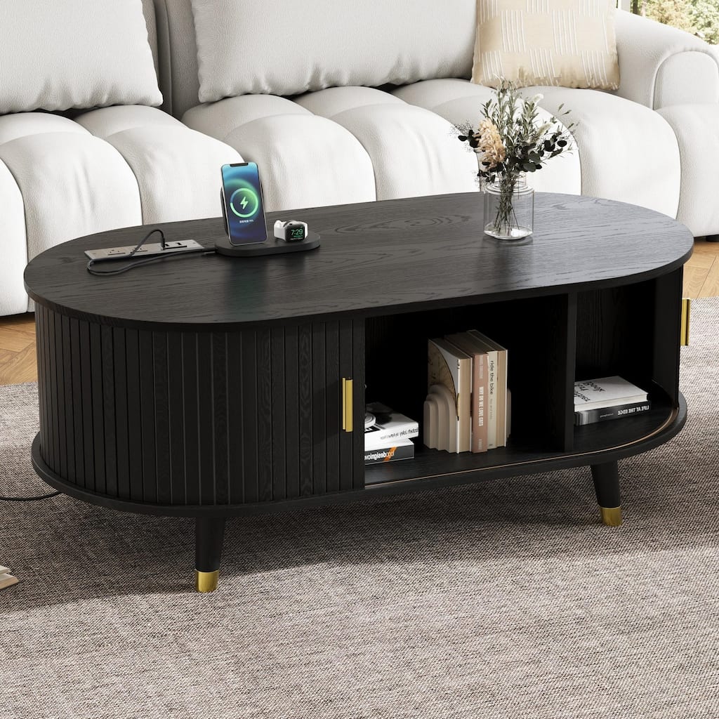 Roomfitters Mid-Century Oval Coffee Table with Fluted Design, Sliding Tambour Door and Charging Station, Solid Wood Legs