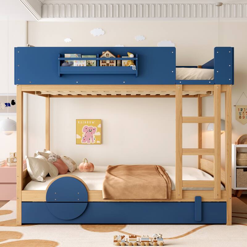 Queen Bunk Bed with Trundle, Wood Bunk Bed Frame with Built-in Bookshelf and High-quality Safety Guardrail