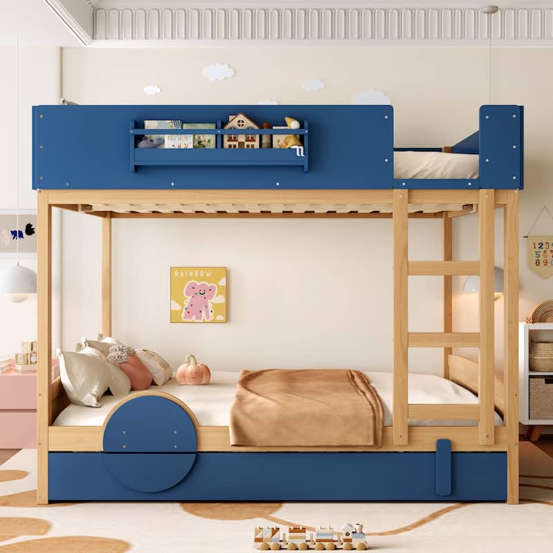 Queen/Full Bunk Bed with Trundle, Built-in Bookshelf & Safety Guardrail, Automobile Design