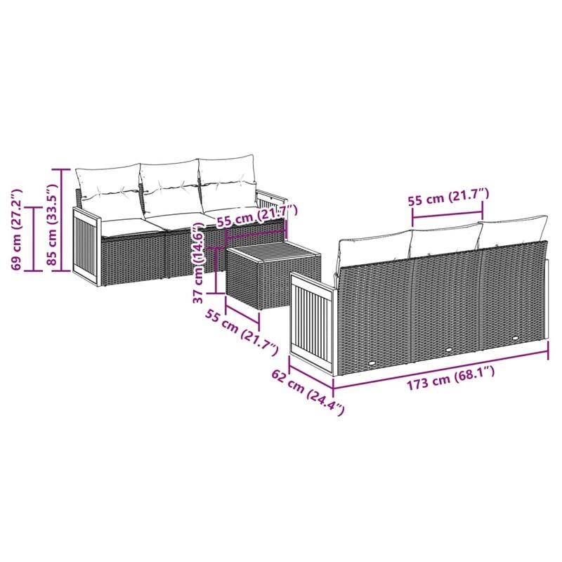 vidaXL Patio Sofa Set with Cushions Outdoor Furniture 7 Piece Poly Rattan - 21.7 x 21.7 x 14.6