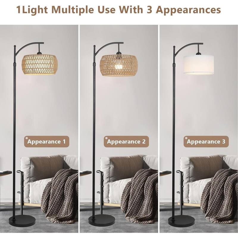 Arc Floor Lamp with Remote Control,Dimmable LED Lamp with 3 Color Temperature,Standing Lamp with Rattan & Fabric Drum Shade