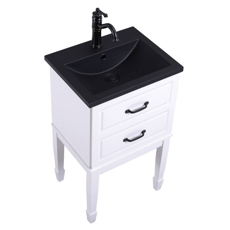 32.6" Black Resin Bathroom Vanity with Sink, Black Brass Faucet and Drain - White