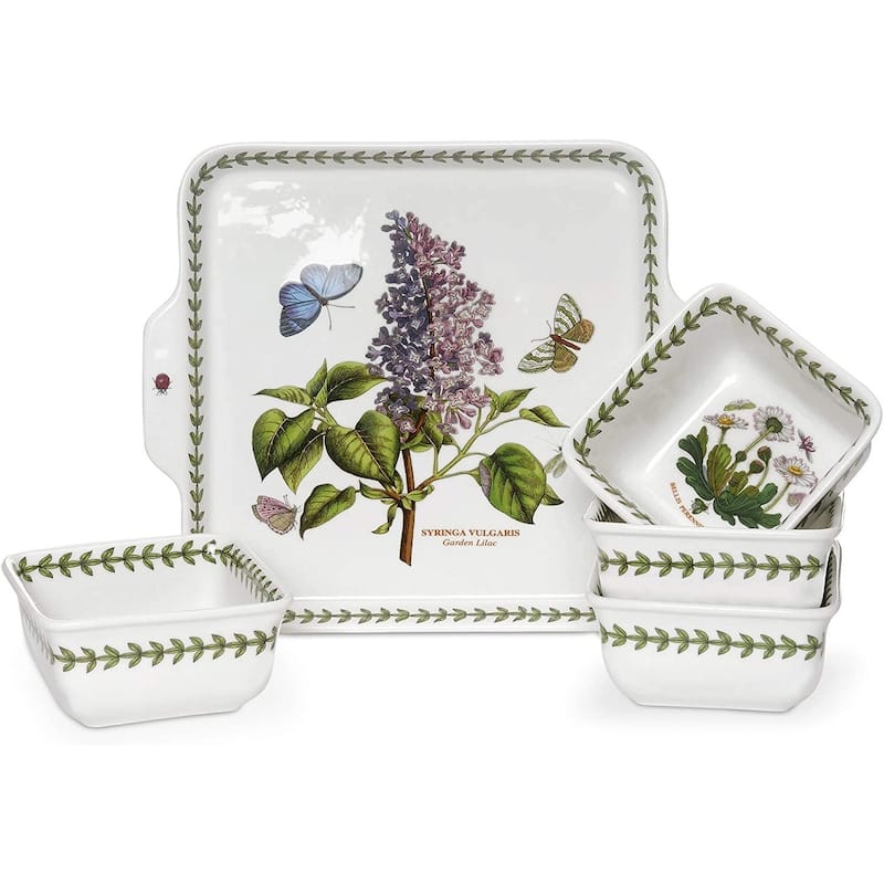 Portmeirion Botanic Garden 5 piece Accent Bowl Set - 8" Handle Plate & 3.75" Square Bowls - Assorted Floral Motifs - 8" Handle Plate & 3.75" Square Bowls