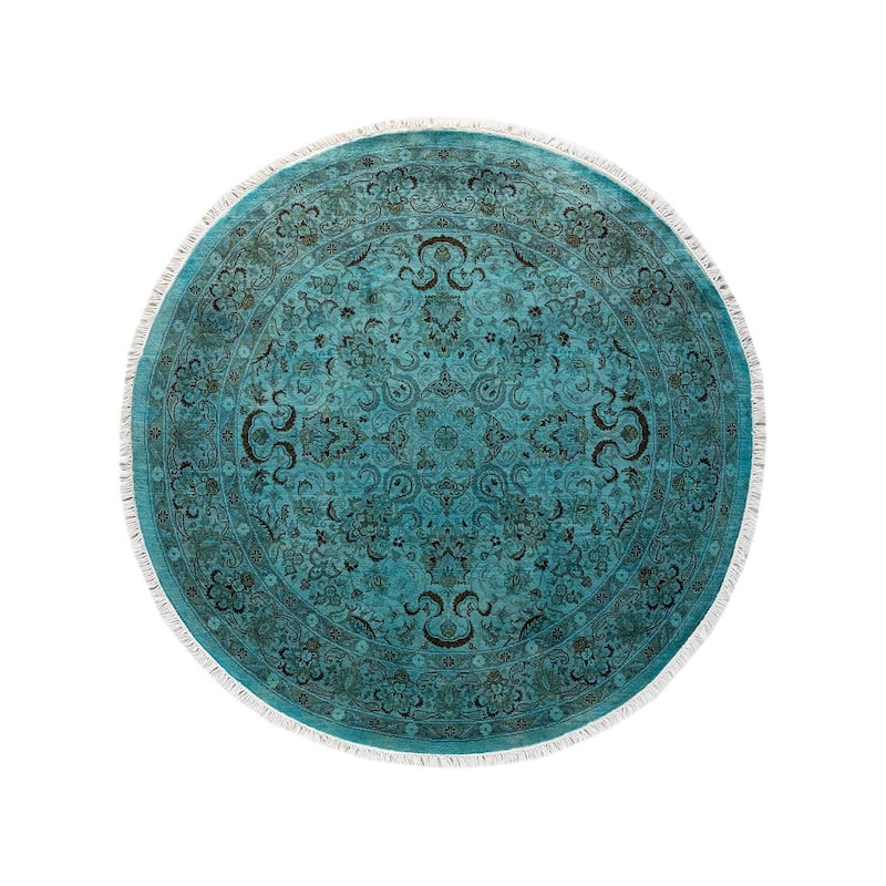 Overton Hand Knotted Wool Vintage Inspired Modern Contemporary Overdyed Blue Round Area Rug - 4' 2" x 4' 3"