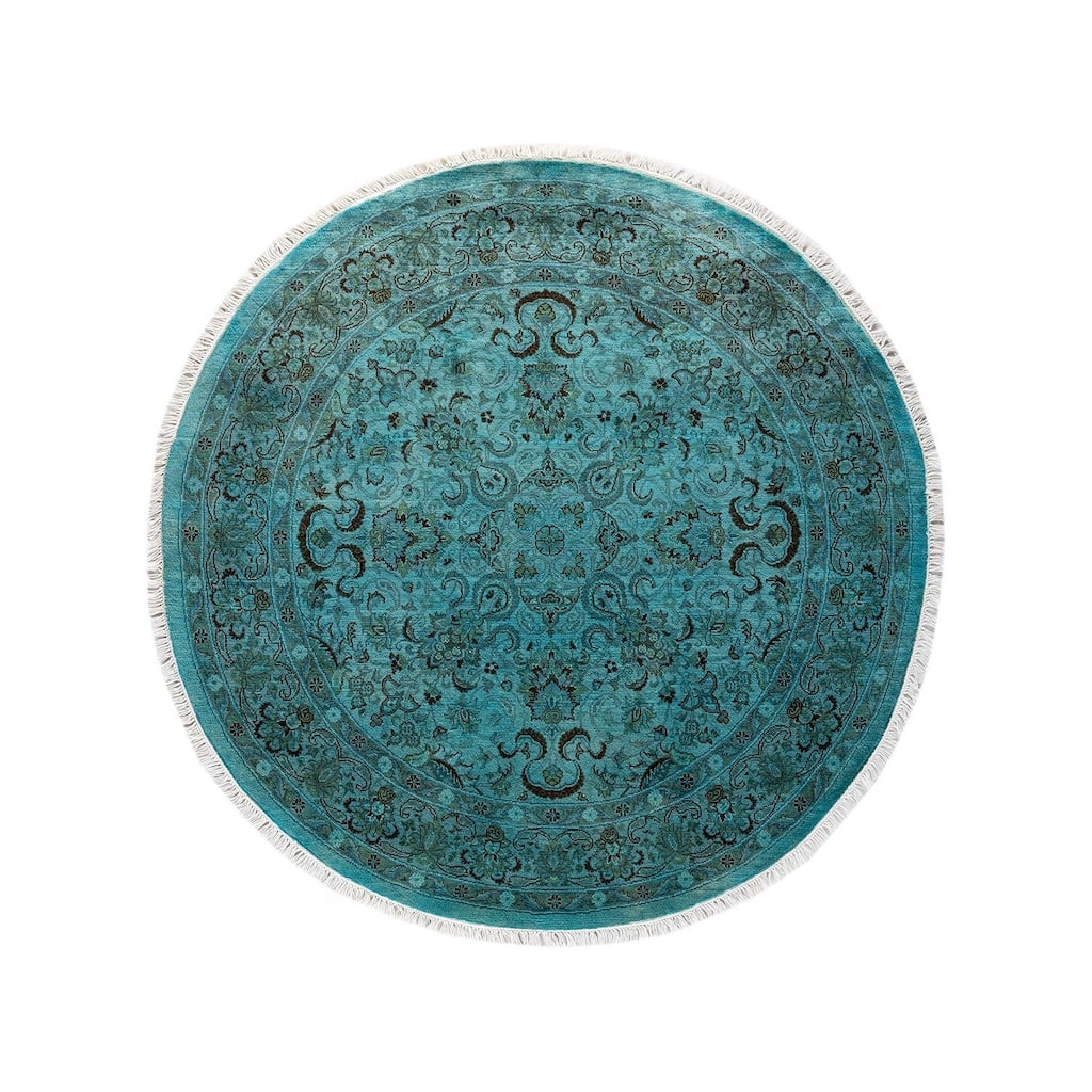 Overton Hand Knotted Wool Vintage Inspired Modern Contemporary Overdyed Blue Round Area Rug - 4' 2" x 4' 3"