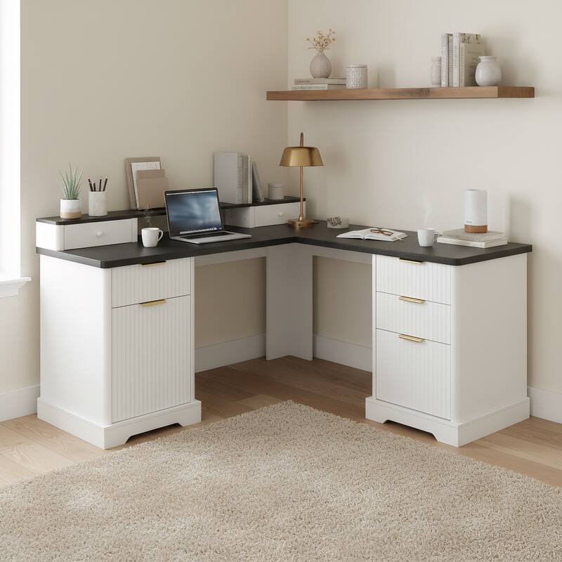 Roomfitters 59" Modern Fluted L-Shaped Desk with Charging Station, Monitor Stand & File Drawer