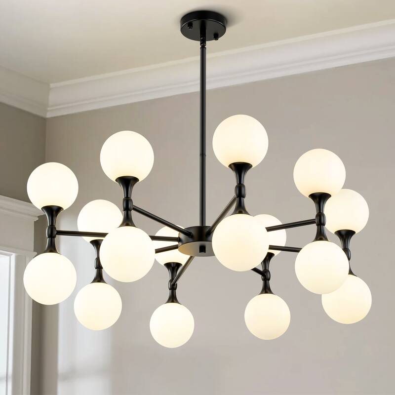 16-Light Modern Glam Linear Sputnik 2-Tiered Frosted Opal Glass Globe Bubble Chandelier for Living/Dining Room