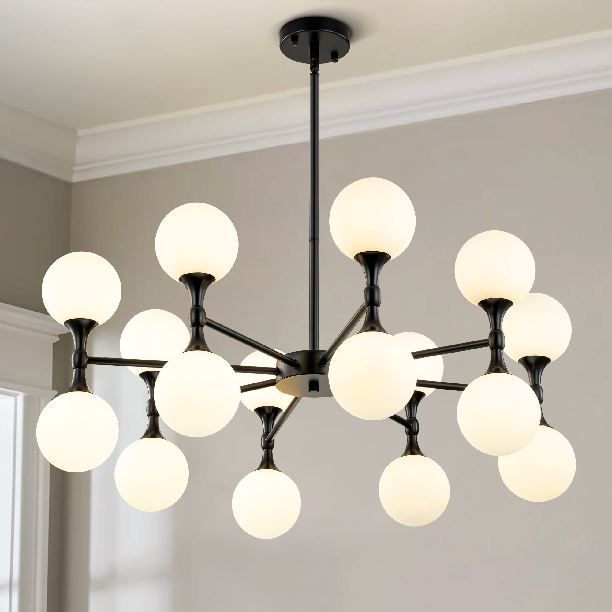 16-Light Modern Glam Linear Sputnik Branch Cluster Milky White Frosted Opal Glass Globe Chandelier