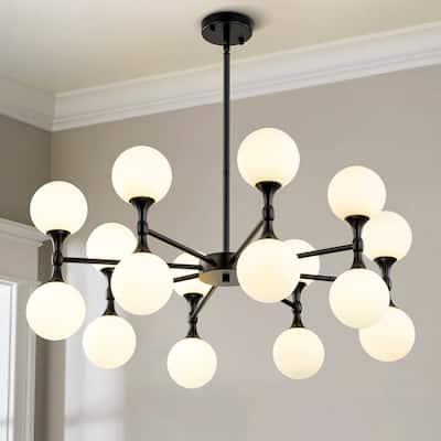 16-Light Modern Glam Linear Sputnik Branch Cluster Milky White Frosted Opal Glass Globe Chandelier