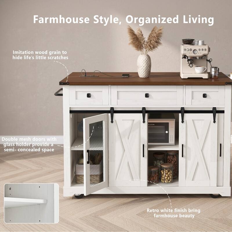58" Farmhouse Kitchen Island with Storage, Sliding Barn Door & Metal Grid Side Door, Rolling Kitchen Island