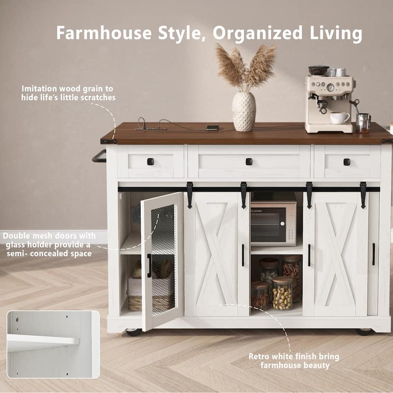 Farmhouse 58" Kitchen Island with Drop Leaf, Rolling Kitchen Island on 5 Wheels with Sliding Barn Door and Adjustable Shelves