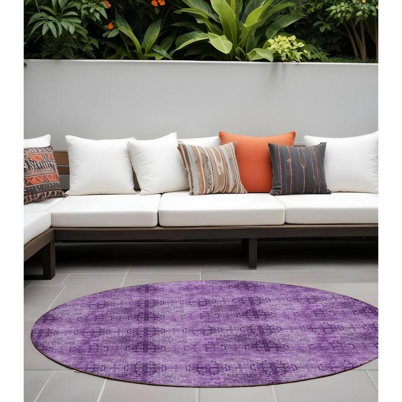 Alsi Garden-Inspired Weather Resistant Classic Meets Modern Outdoor Rug - 8' Round - Purple