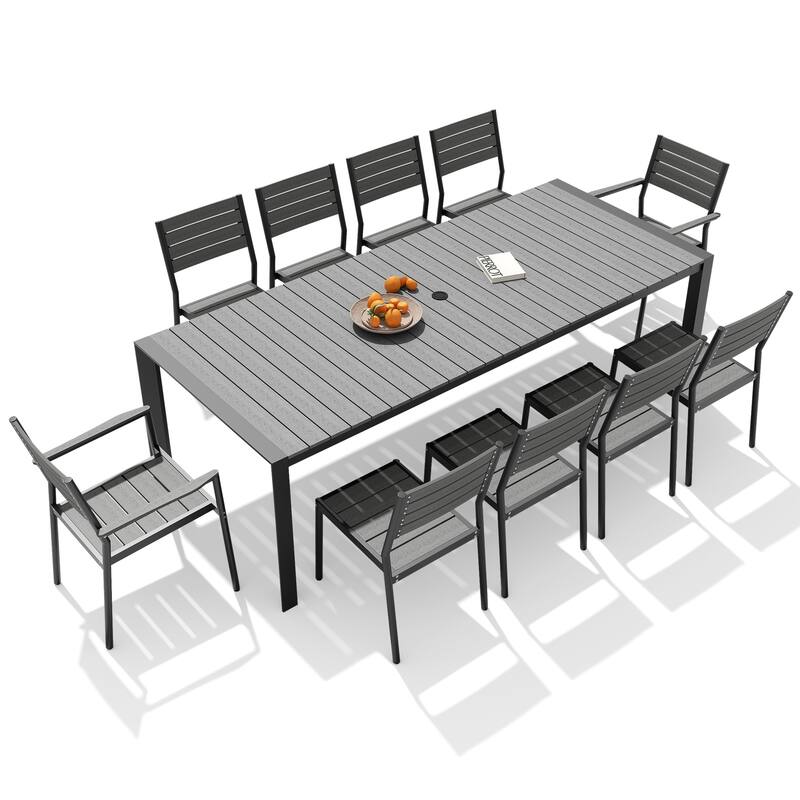 11-Piece Outdoor Patio Dining Set Wood Like Table Top Aluminum Rectangular Umbrella Hole Table with Stackable Chairs