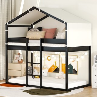 Twin Over Twin Bunk Bed Wood Bed with Tent, Ladder, and Safety Guardrail