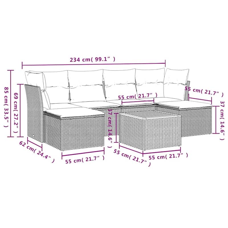 vidaXL 7 Piece Patio Sofa Set with Cushions Black Poly Rattan - 24.4 x 24.4 x 27.2