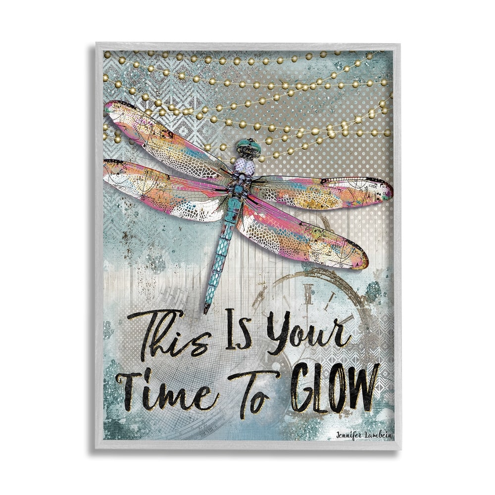 Stupell Lights This Is Your Time To Glow Inspirational Dragonfly Framed Giclee Texturized Art by Jennifer Lambein
