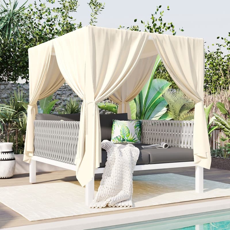 Outdoor Patio Sunbed Daybed with Curtains,Suitable for Garden,Swiming Pool