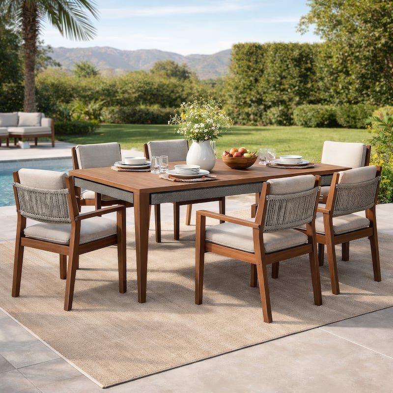 Kimi 65 Inch Outdoor Dining Table, Brown Eucalyptus Wood, Woven Rope Apron