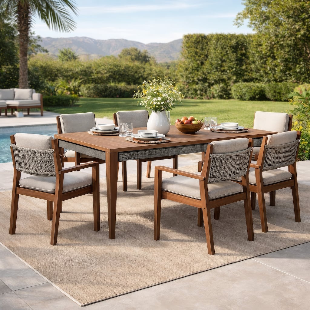 Kimi 65 Inch Outdoor Dining Table, Brown Eucalyptus Wood, Woven Rope Apron
