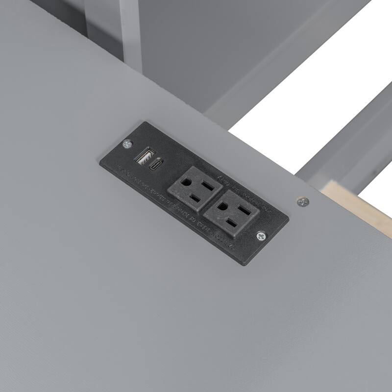 Full Size Wooden Daybed with Desk, Shelves, Drawers, and Lights in Gray