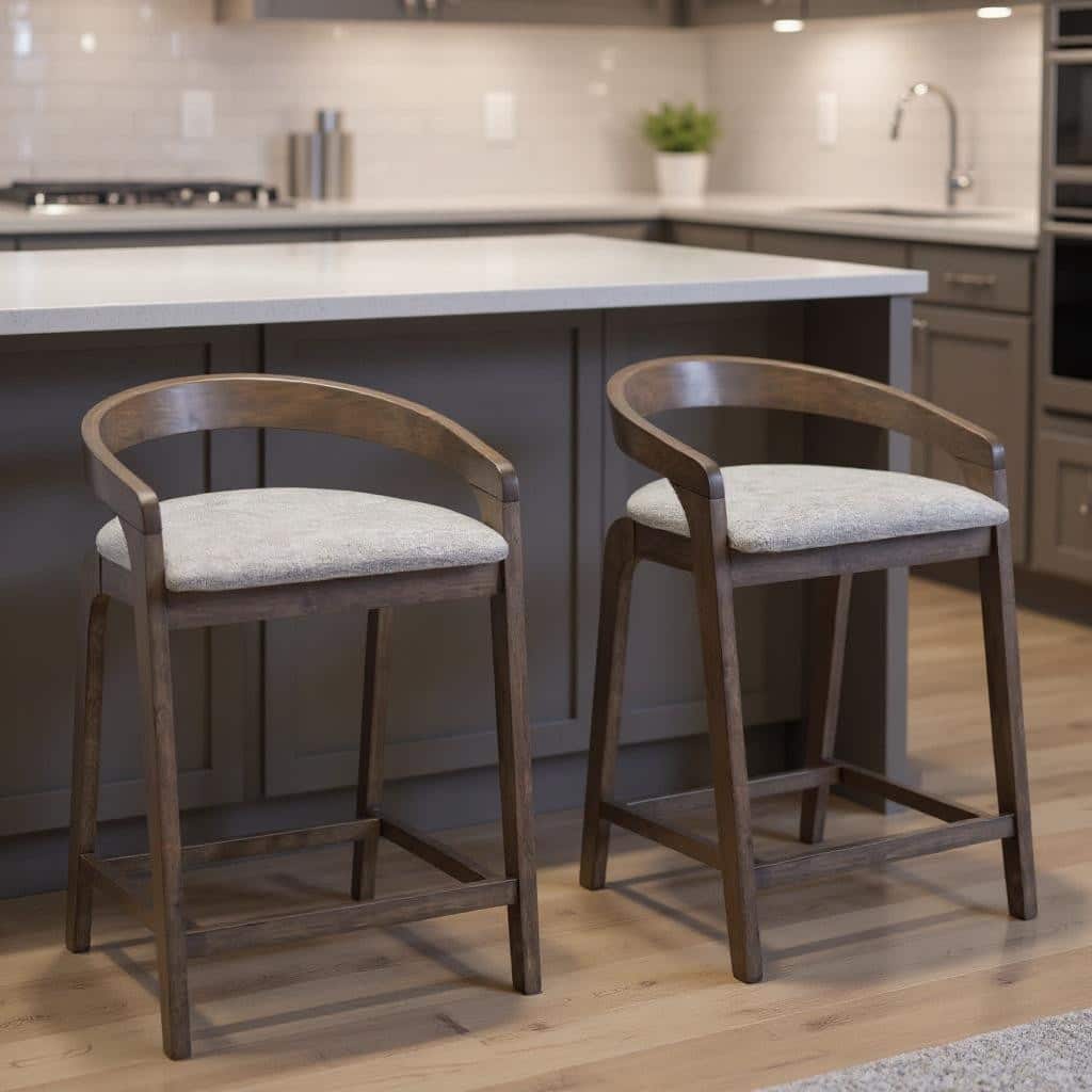 HomeRoots Set of Two 25" Gray and Espresso Fabric and Solid Wood Low Back Counter Height Bar Chairs