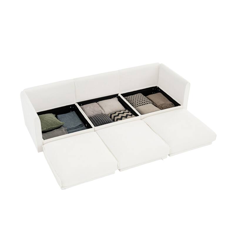 Modern Chenille 6-Seater Sofa with Ottoman Storage, Hidden Storage, Cylindrical Cushioned Arms and Backrest