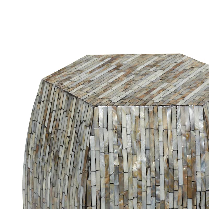 Mother of Pearl Shell Geometric Handmade Shell Mosaic Hexagon Accent Table with Brown Accents - Gray - Roche River Decor