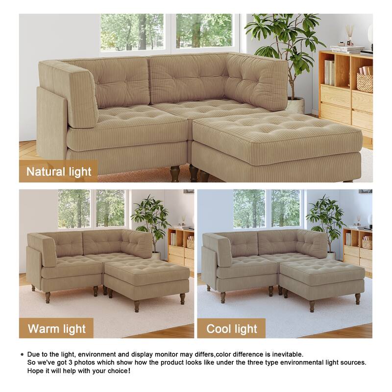 Corduroy Upholstered Modular Corner Sectional Sofa with Reversible Ottoman