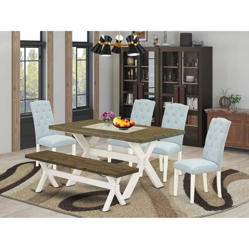HomeStock 6-Piece Natural Oak Finish Solid Wood Top dining Table with 1-Bench and 4-Chairs