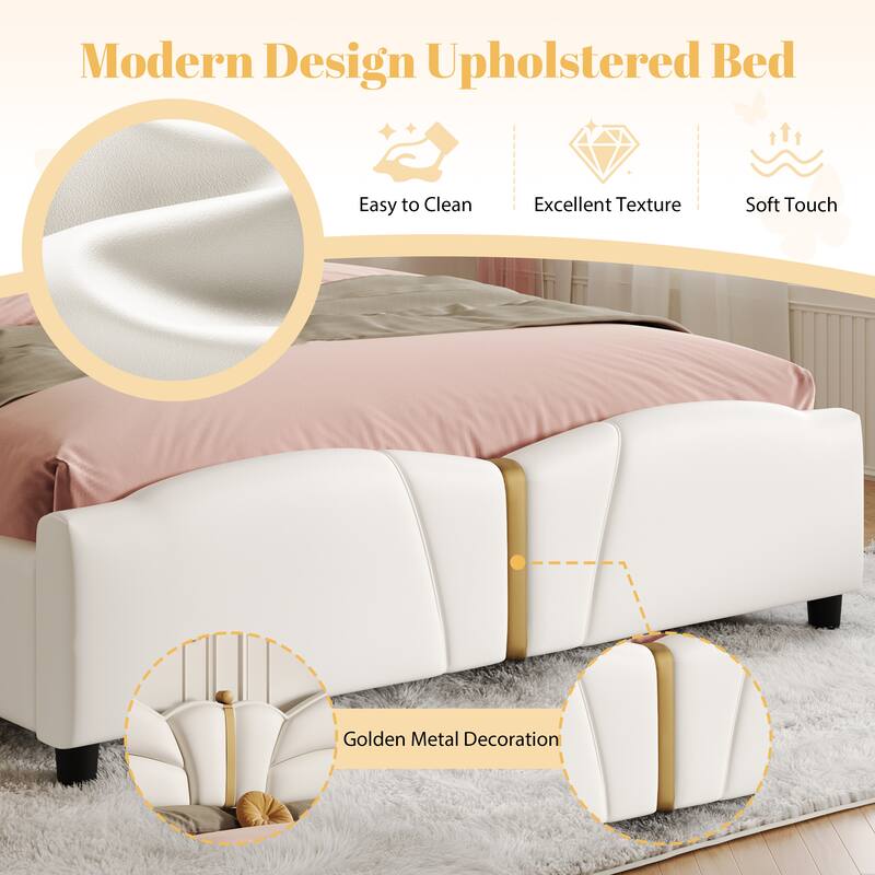 Queen Size Upholstered PU Leather Bed Frame with Butterfly Headboard, Gold Metal Decorations, No Box Spring Needed