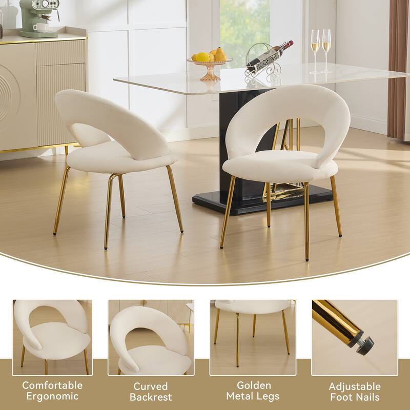 Set of 1 Dining Chairs With Curved Backrest and Golden Metal Legs - White