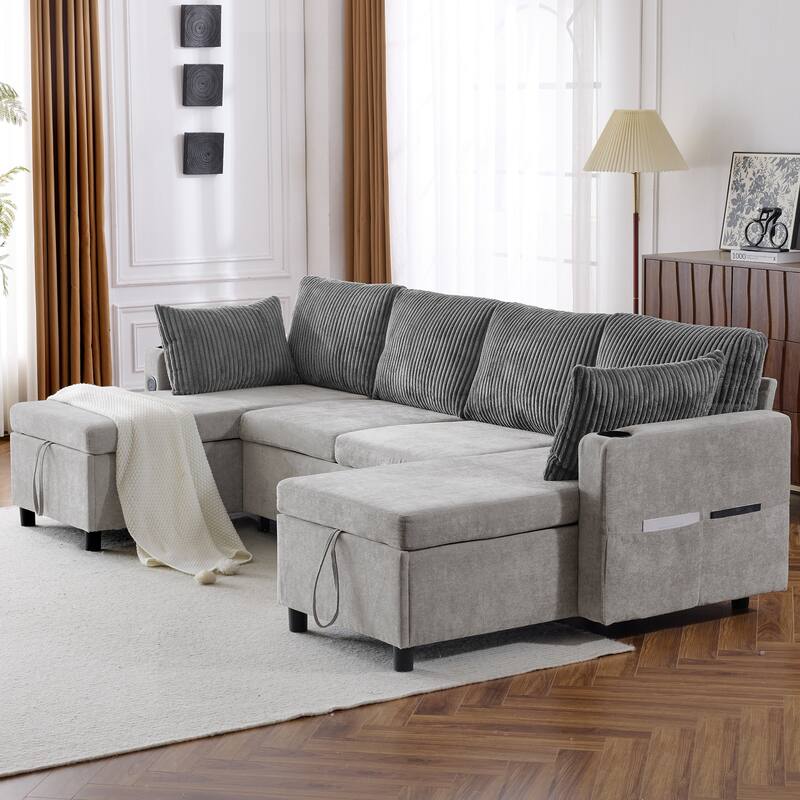 Chenille Sectional Sofa Convertible Sleeper Sofa, U Shaped Couch Sofa with 2 Storage Chaise Lounges and 2 Pillows
