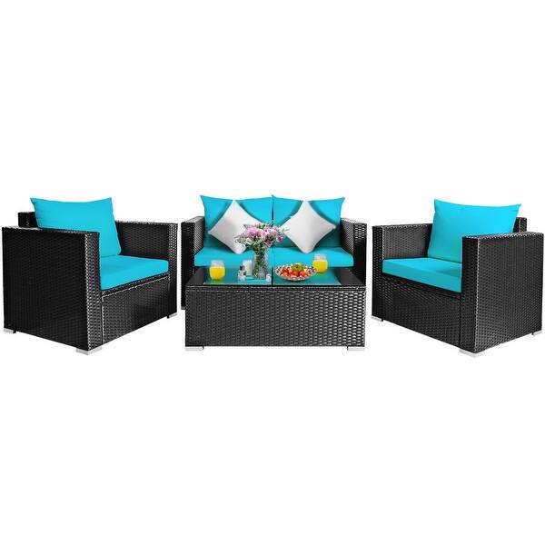 Shop Gymax 4pc Rattan Patio Furniture Set Outdoor Wicker With Turquoise On Sale Overstock 27282445