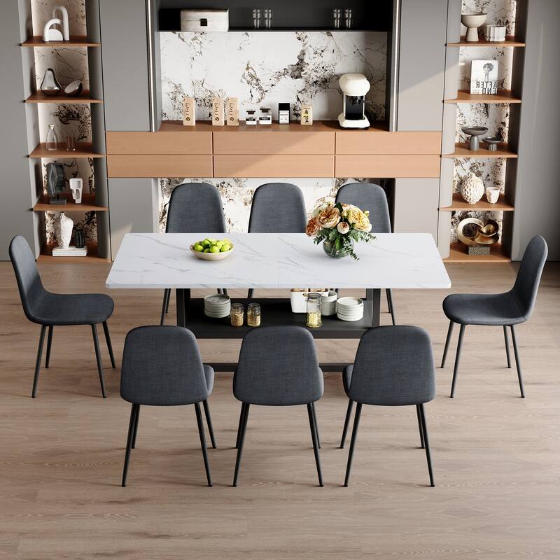 9-Piece Modern Dining Table Set with Storage, 71x35.4 Inch Wood Grain Table & 8 High-Resilience Fabric Chairs - Dark Gray,White+Black