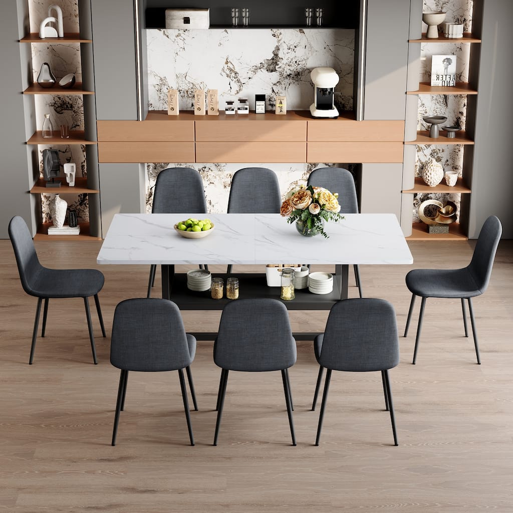 9-Piece Modern Dining Table Set with Storage, 71x35.4 Inch Wood Grain Table & 8 High-Resilience Fabric Chairs