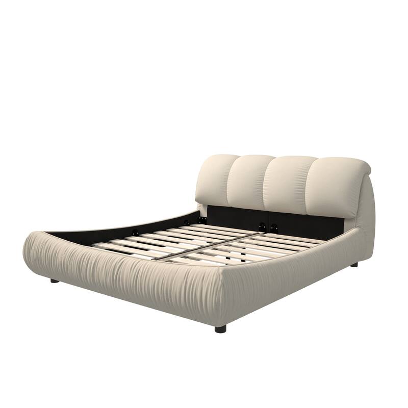 King Size Contemporary Upholstered Platform Bed, Oversized Padded Backrest Bed Frame, Solid Wood King Bed Frames, Beige