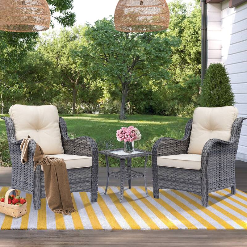 High Back Gray Wicker Rattan Outdoor Patio table and chairs Set - 2 Seats - Beige Cushion/Gray Wicker