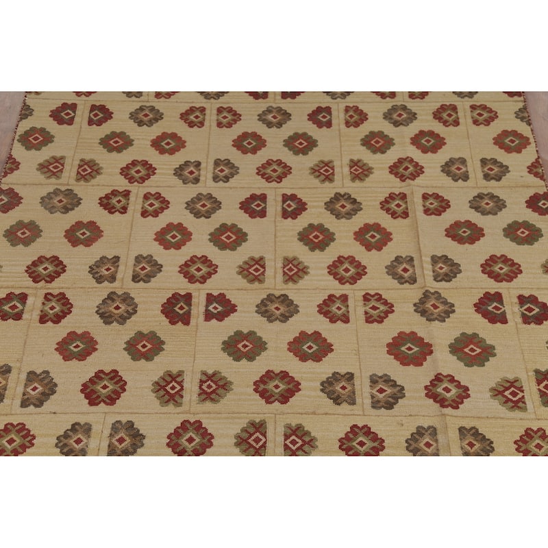 Kilim Oriental Area Rug Hand-Woven Beige Wool Carpet - 7'6"x 9'10"