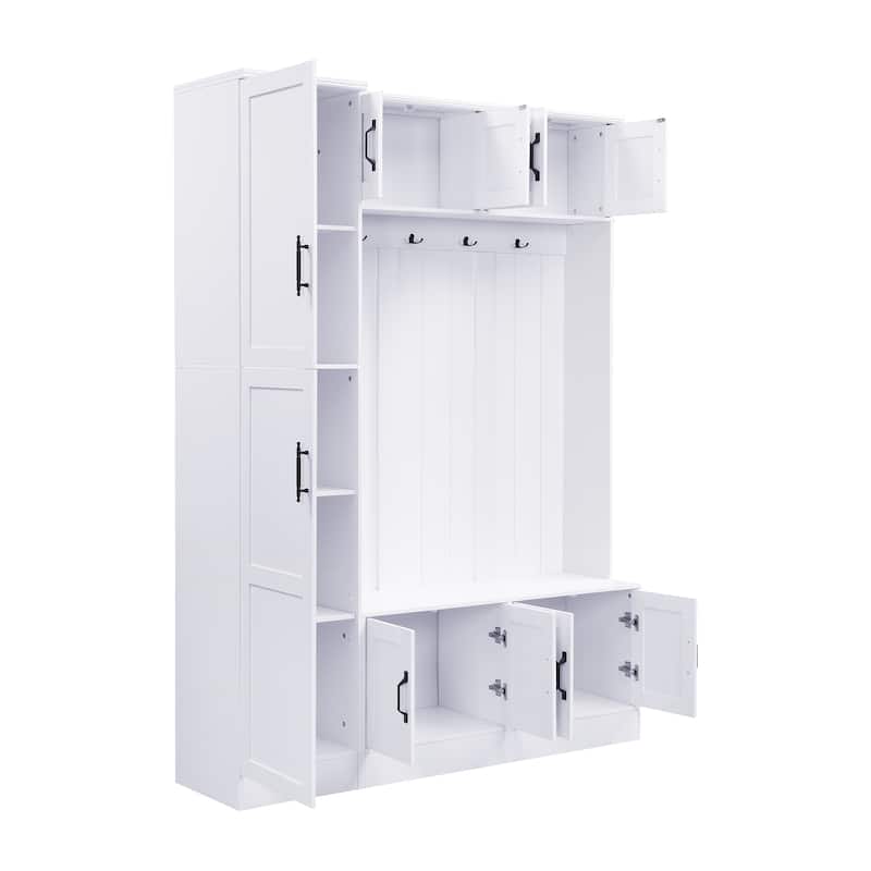 79" Modern Hall Tree with Shoe Storage, 4-in-1 Entryway Bench with 4 Coat Hooks & Adjustable Shelf Mudroom Wood Storage Cabinet