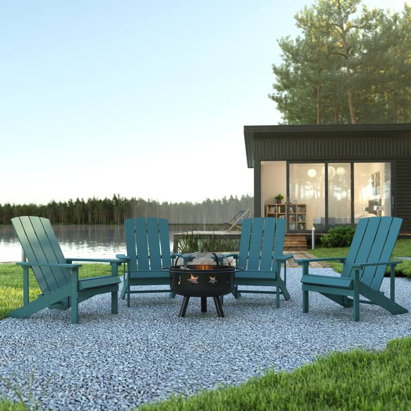 Star and Moon Fire Pit with Mesh Cover & 4 Poly Resin Adirondack Chairs