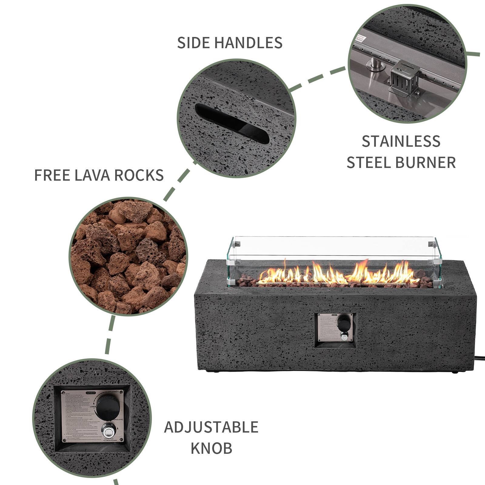 COSIEST Outdoor Rectangular Propane Fire Pit with Wind Guard, Tank